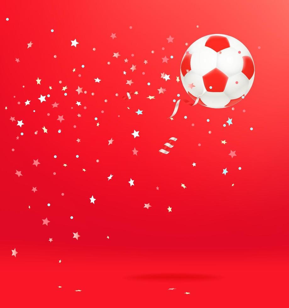 Balón de fútbol con confeti sobre fondo rojo. vector