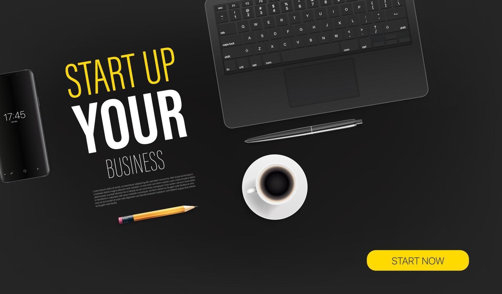 Start up your business promo landing page template with laptop and sample text. Top view vector layout