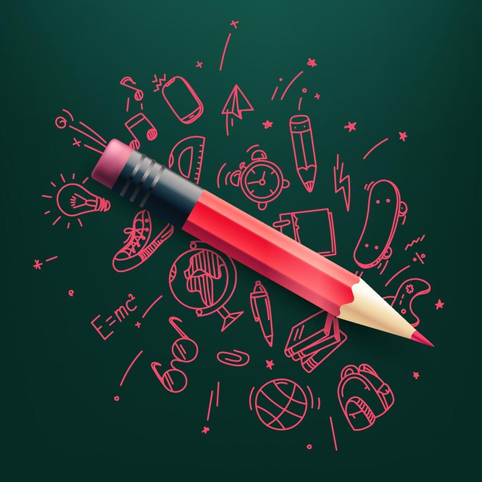 Red pencil with doodling elements vector illustration. Science and education