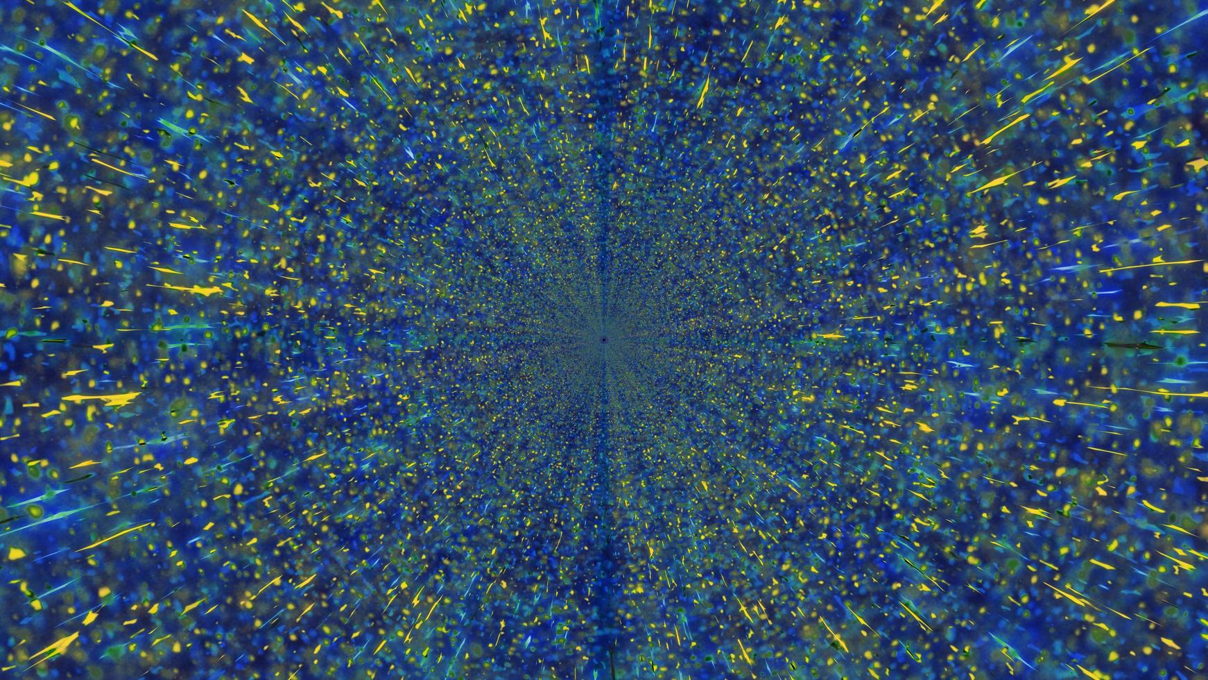 Glowing 3d illustration of dynamic blue and yellow particles photo