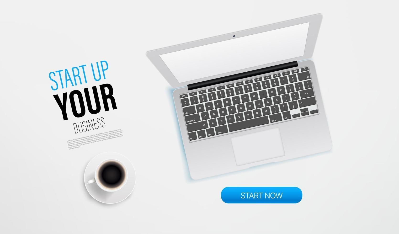 Start up your business promo landing page template with laptop and sample text. Top view vector layout