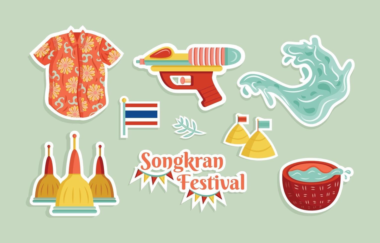 feliz festival de salpicaduras de agua songkran set de pegatinas vector