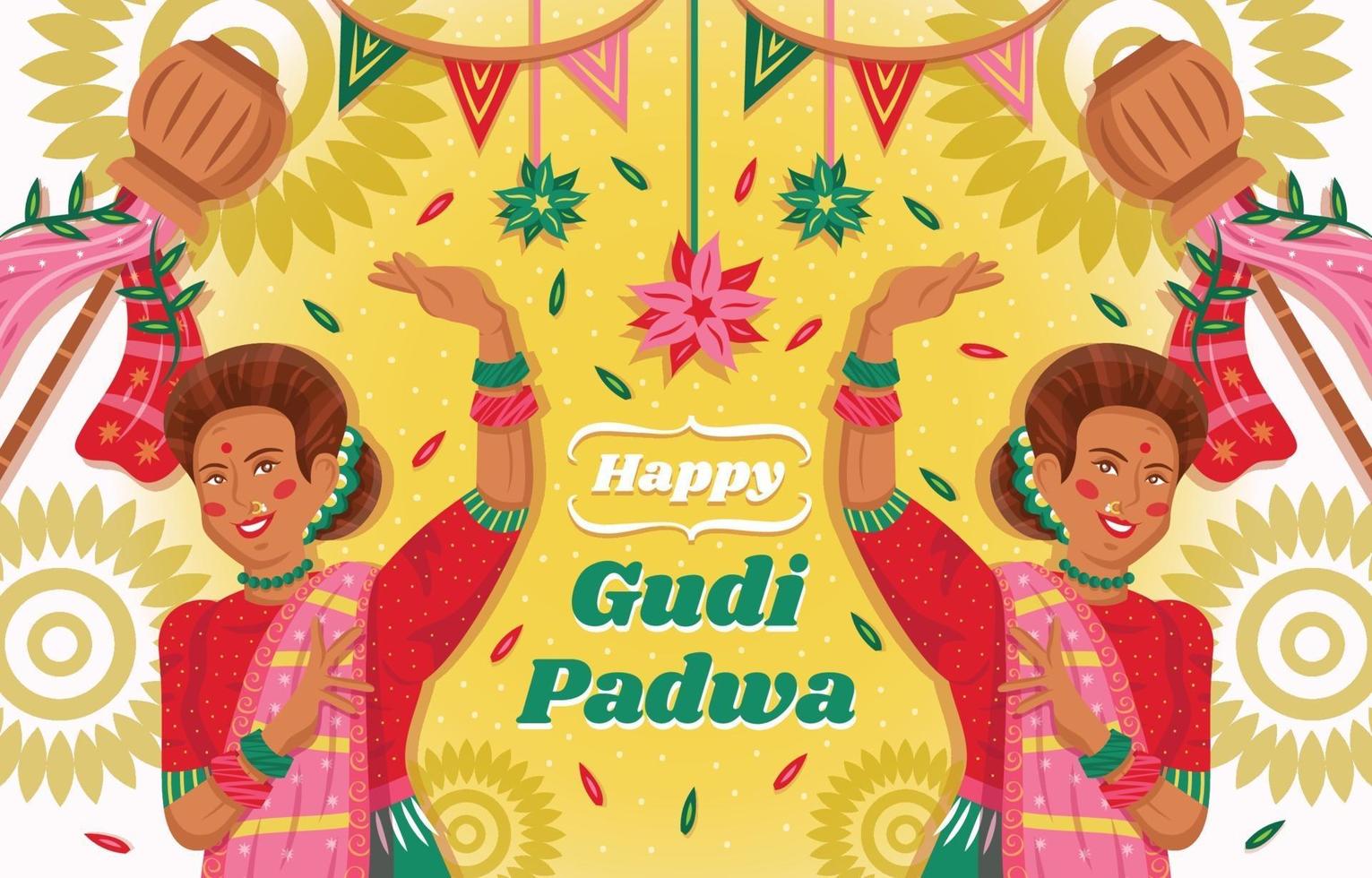 feliz plantilla de gudi padwa con mujeres indias bailando vector