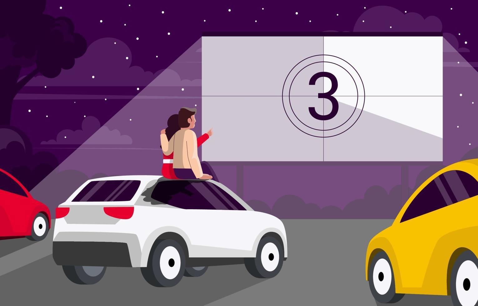 Couple Watch Drive in Movie at Night vector