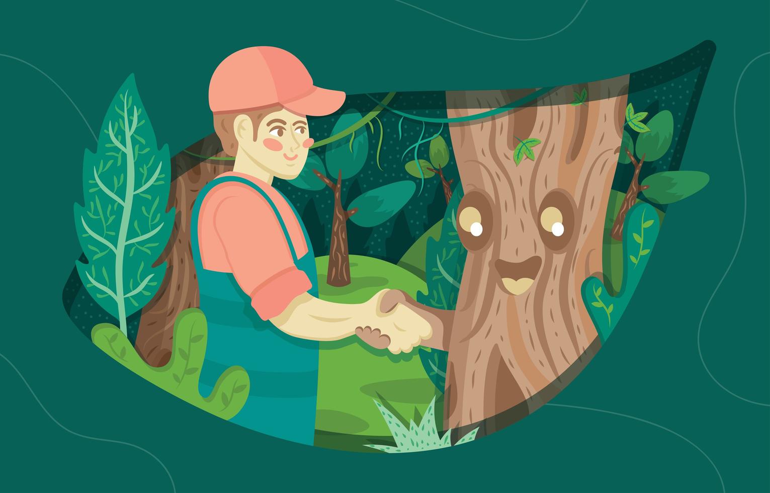 Man Handshaking with Tree in The Forest vector