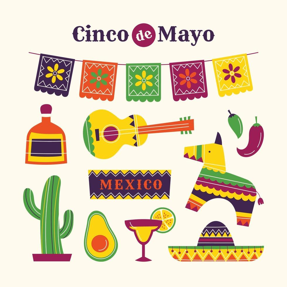 colección de iconos de cinco de mayo en estilo plano vector