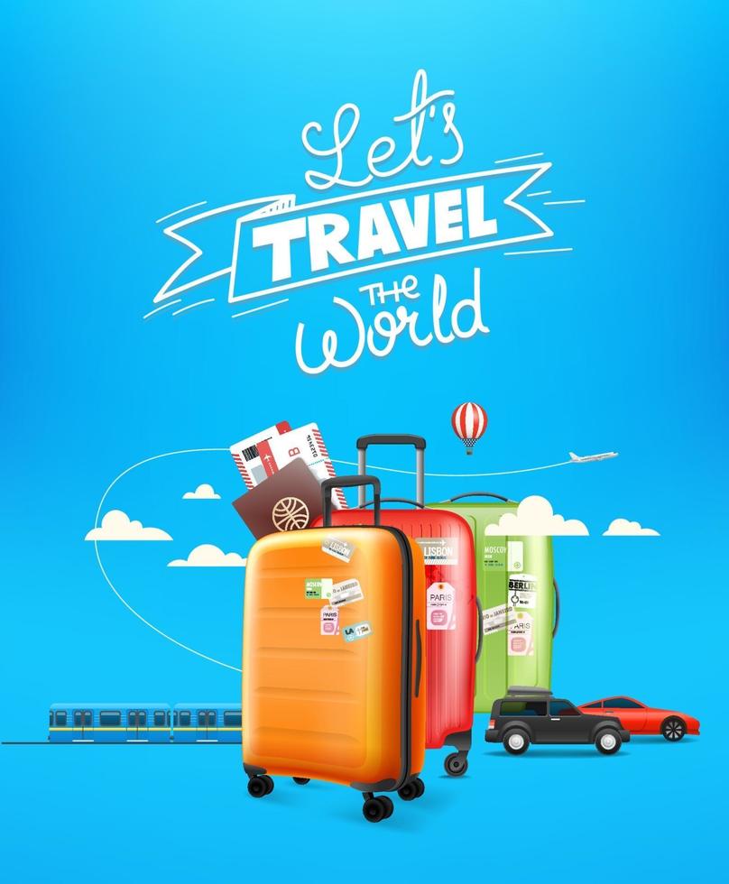concepto de viaje mundial con logotipo de letras. equipaje de viaje y diferentes vehículos. vector