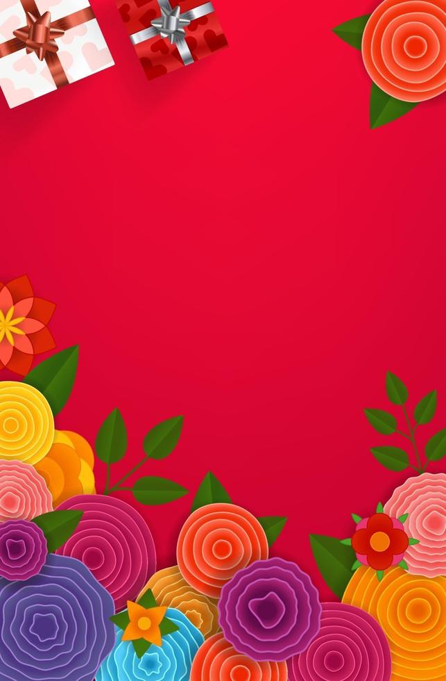 Red background with flowers and gift boxes vector