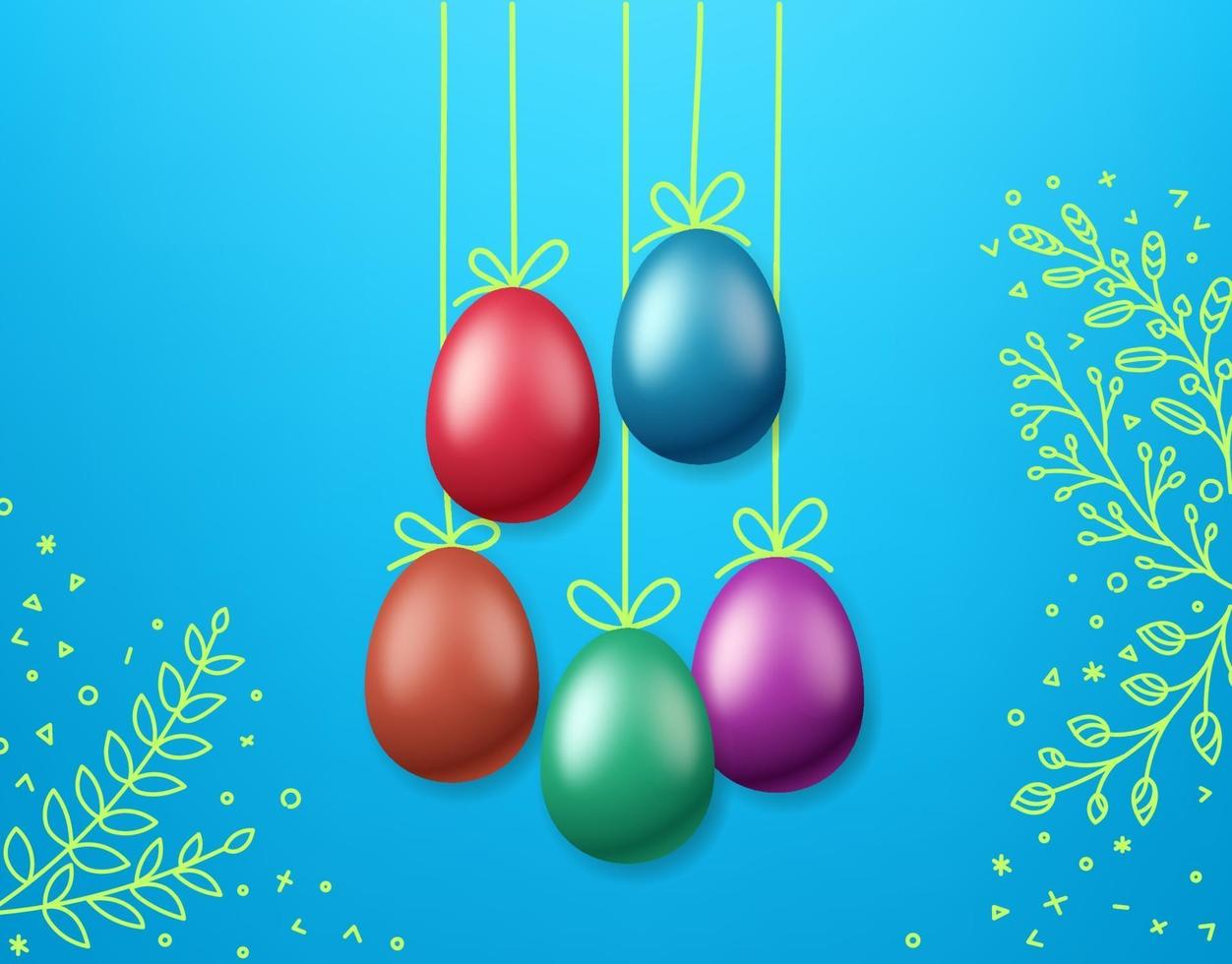 Easter greeting card template. Color eggs on rope vector