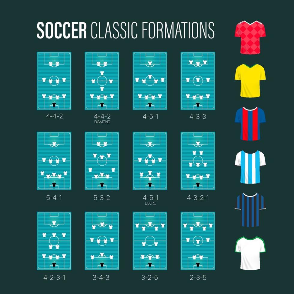 Soccer formations vector collection with different color t-shirts