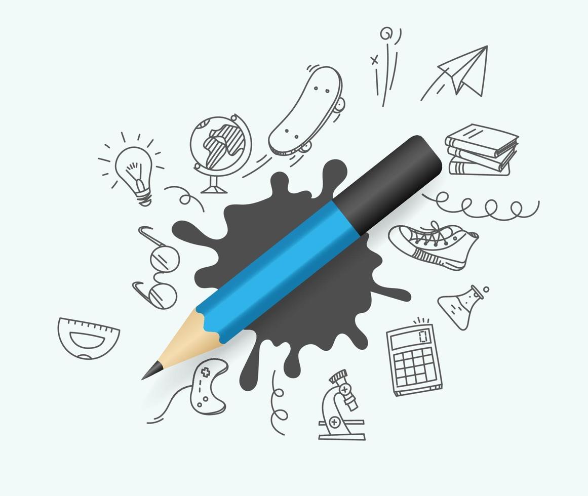 Blue pencil with doodling elements vector illustration