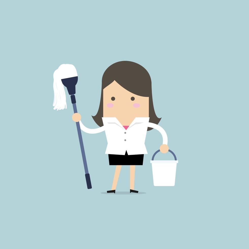 Businesswoman holding mop and bucket. Cleaning the workplace concept. vector