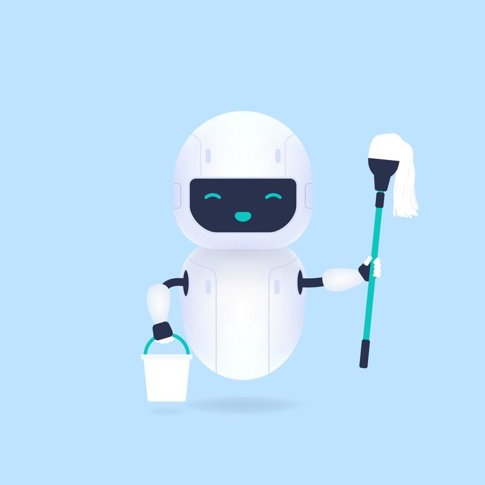 White friendly cleaning robot holding mop and bucket. vector