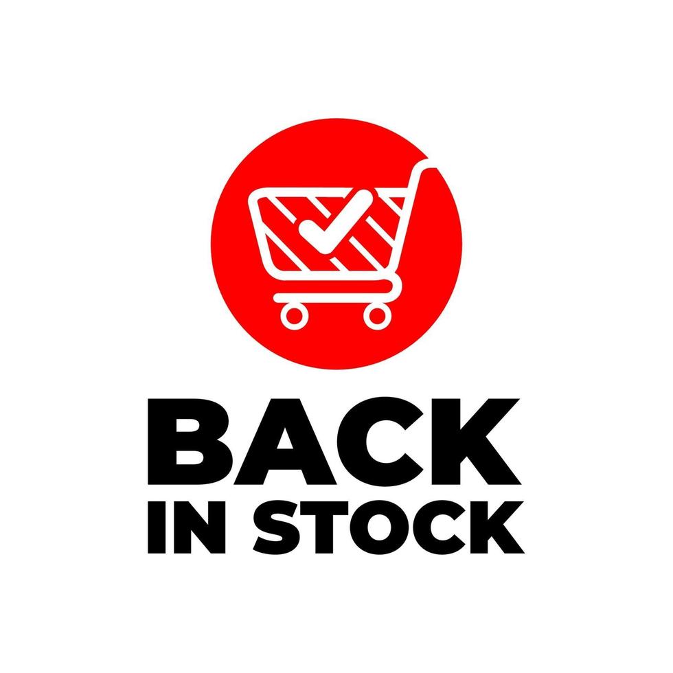 Back in stock sign, red banner with trolley on white background. vector