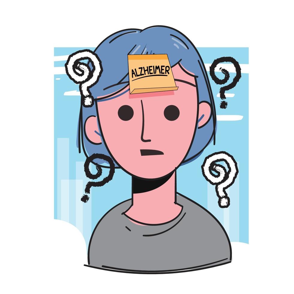 Elder female with Alzheimer word in sticky note on her head. Alzheimer concept. vector