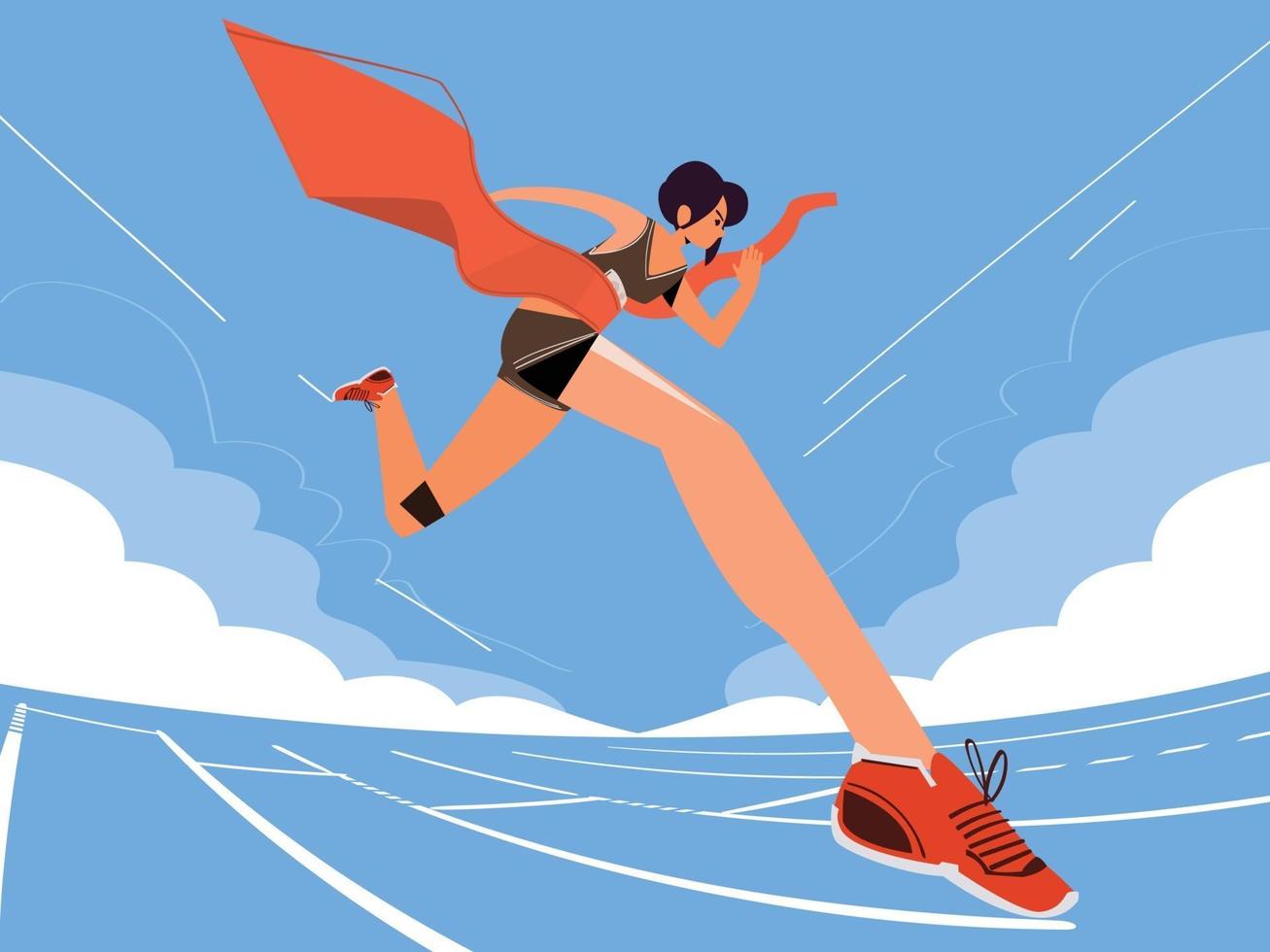 Runner woman runs across a finish line - vector illustration