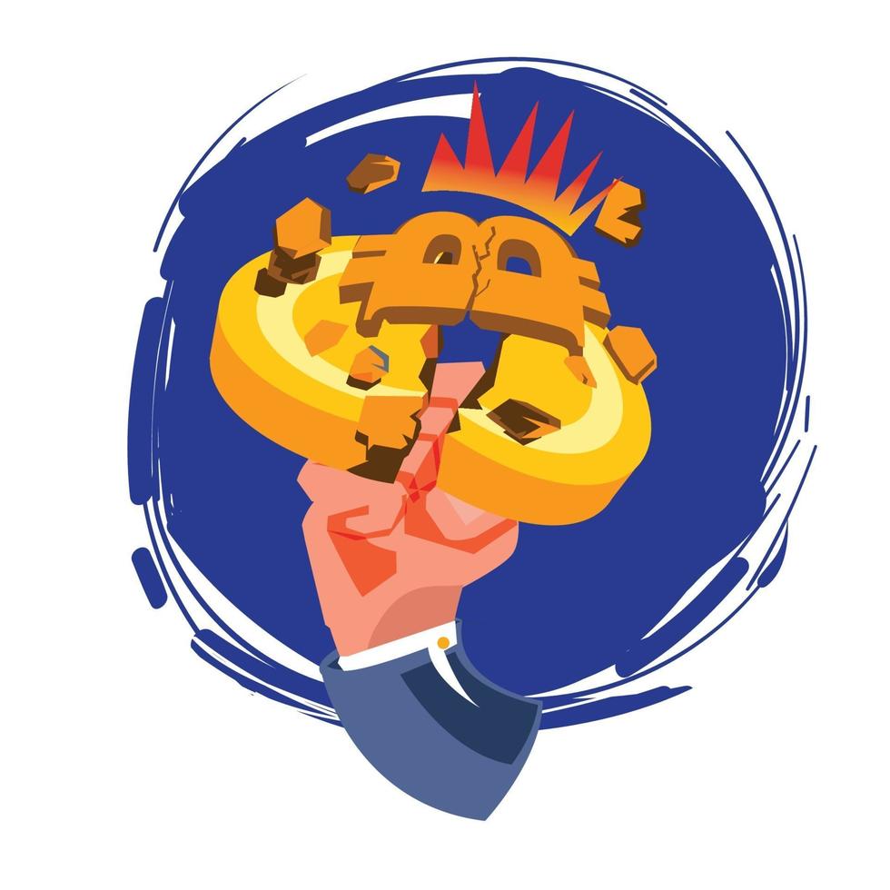 Hand hitting bitcoin. Cryptocurrency concept vector