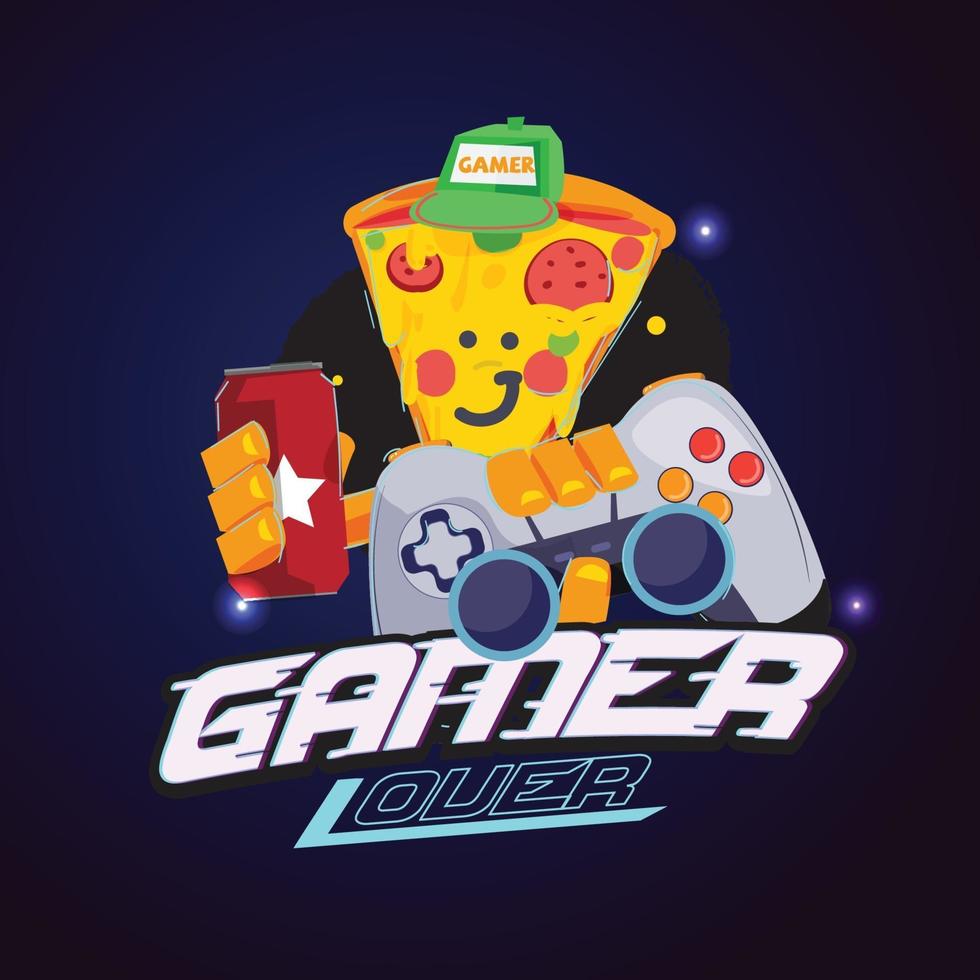 Pizza cartoon with controller and soda in hand. Gamer logo concept vector