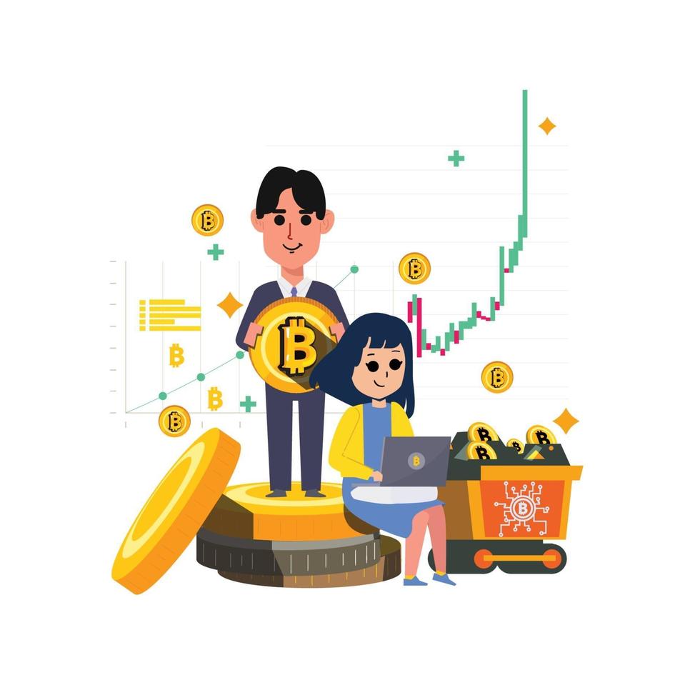 Businessman holding bitcoins. Women working on laptop. Cryptocurrency chart and graph on background vector