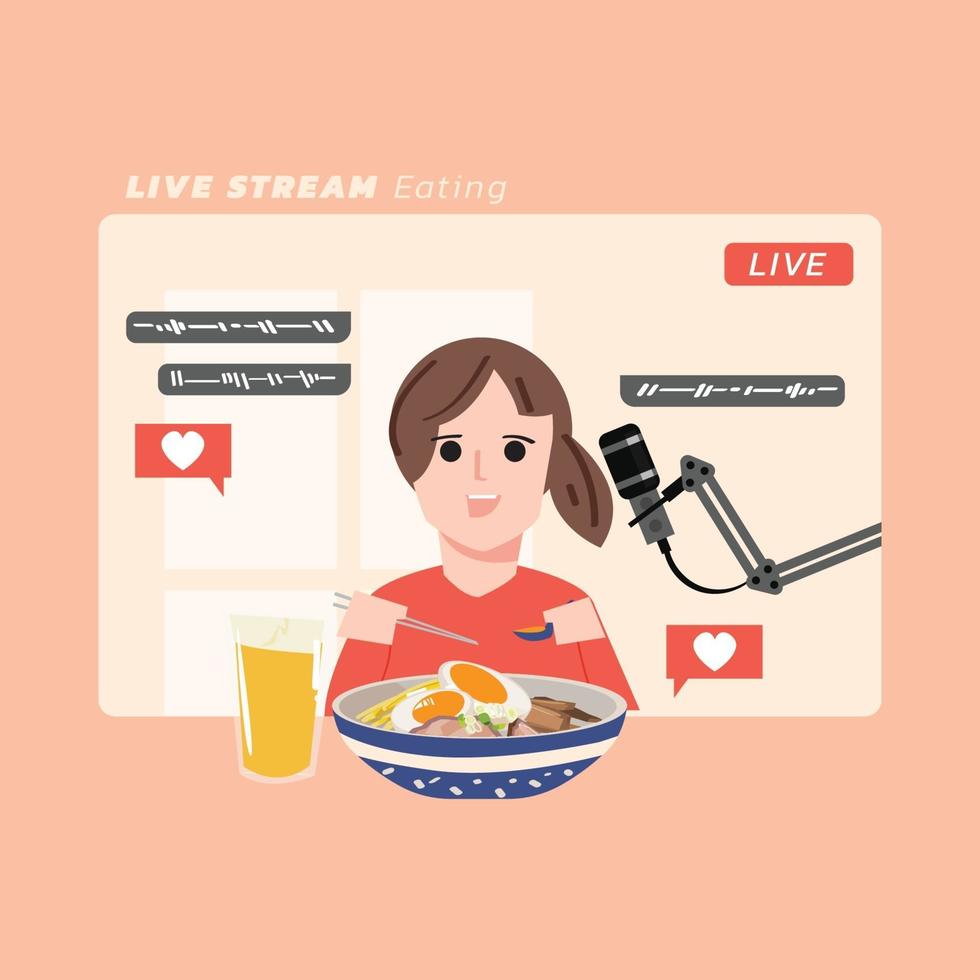 Video creator eating a lot of food and recording video in home studio. Streaming concept. vector