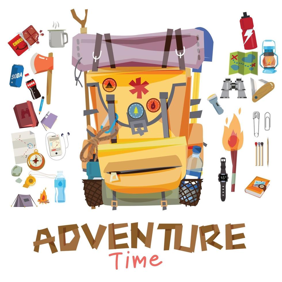 mochila con equipo y herramientas de aventura vector