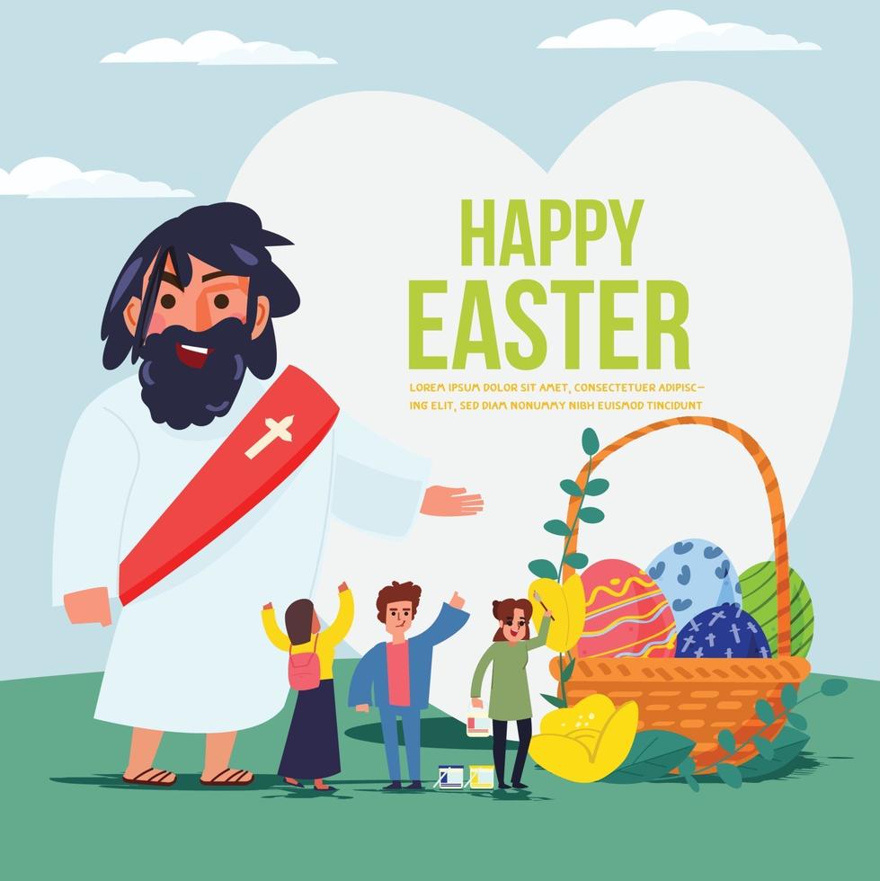 Jesus with people and easter eggs. Happy easter concept. vector