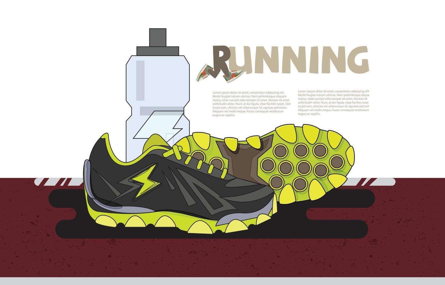 Running sneakers with water bottle on running track. Banner or landing page website vector