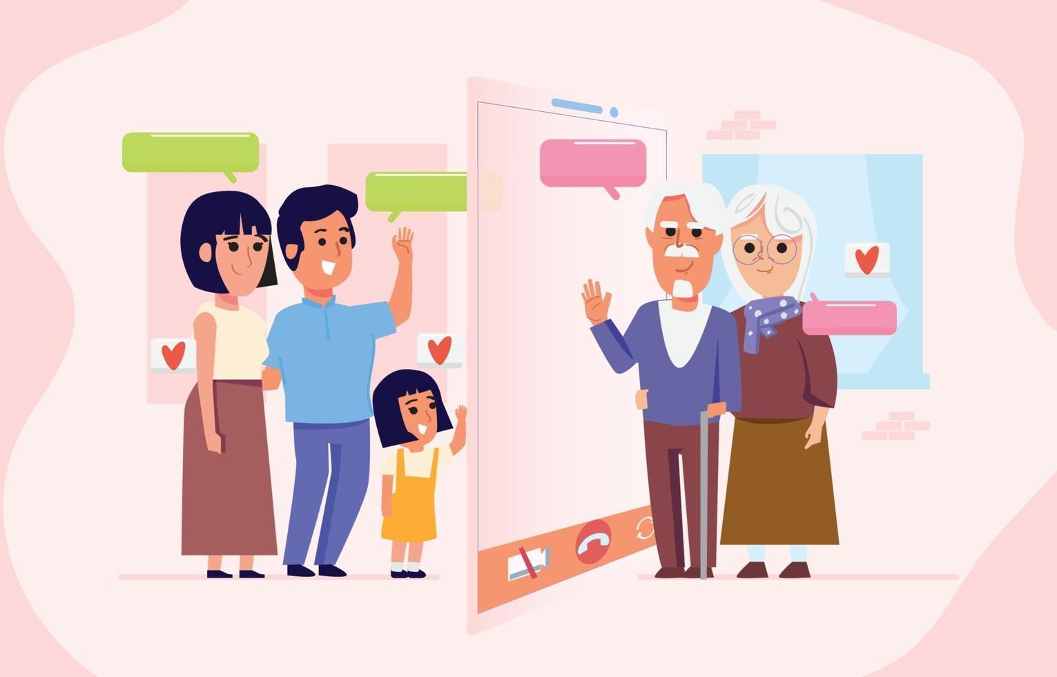 hablar en familia con los padres ancianos mediante videollamadas. vector