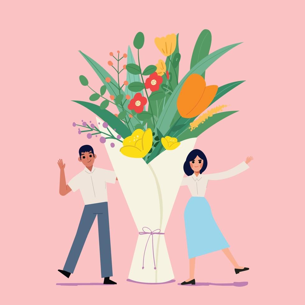 Flower bouquet with man and women. Valentines's day. vector