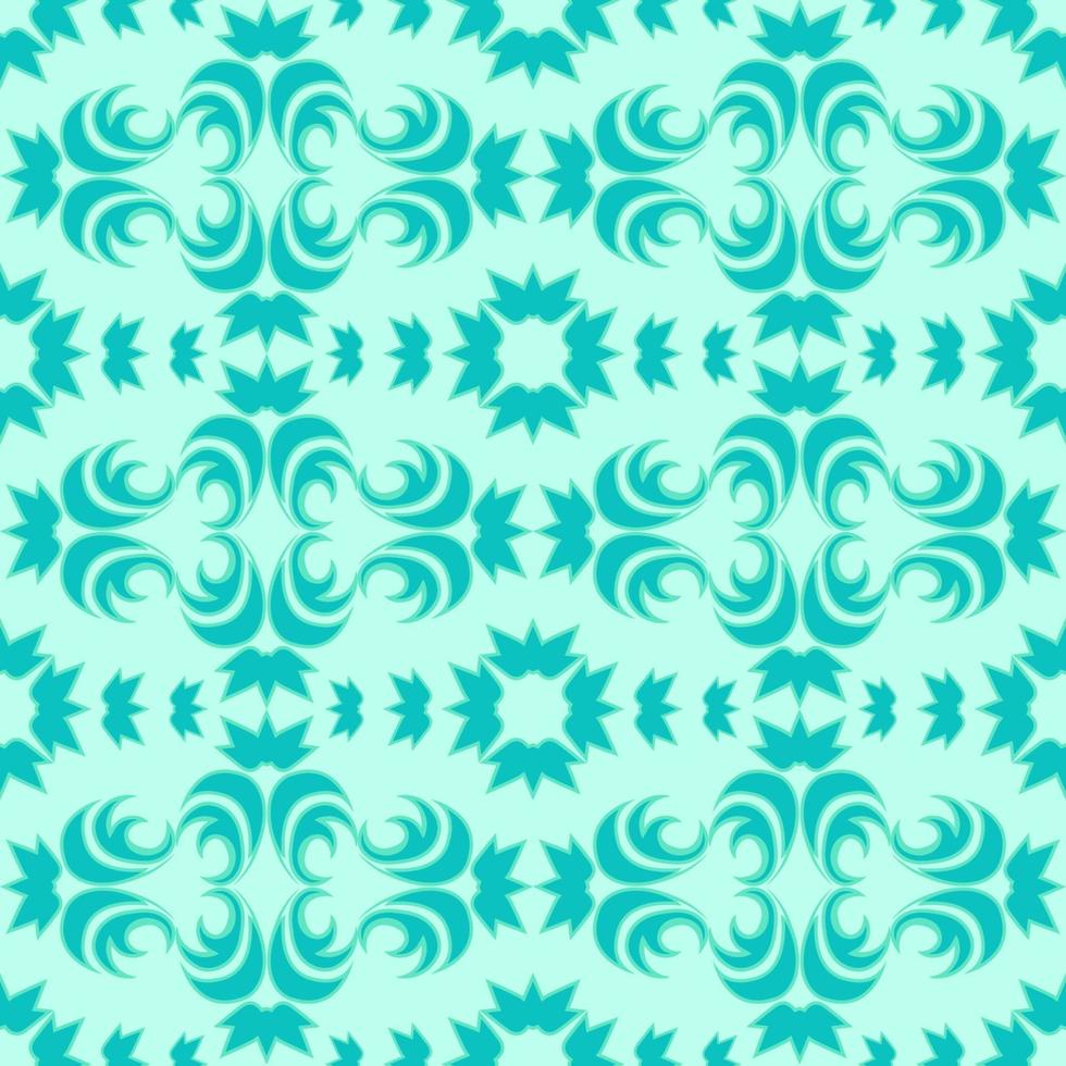 Seamless vector pattern of floral and abstract elements of turquoise color with a green stroke on a marine background.