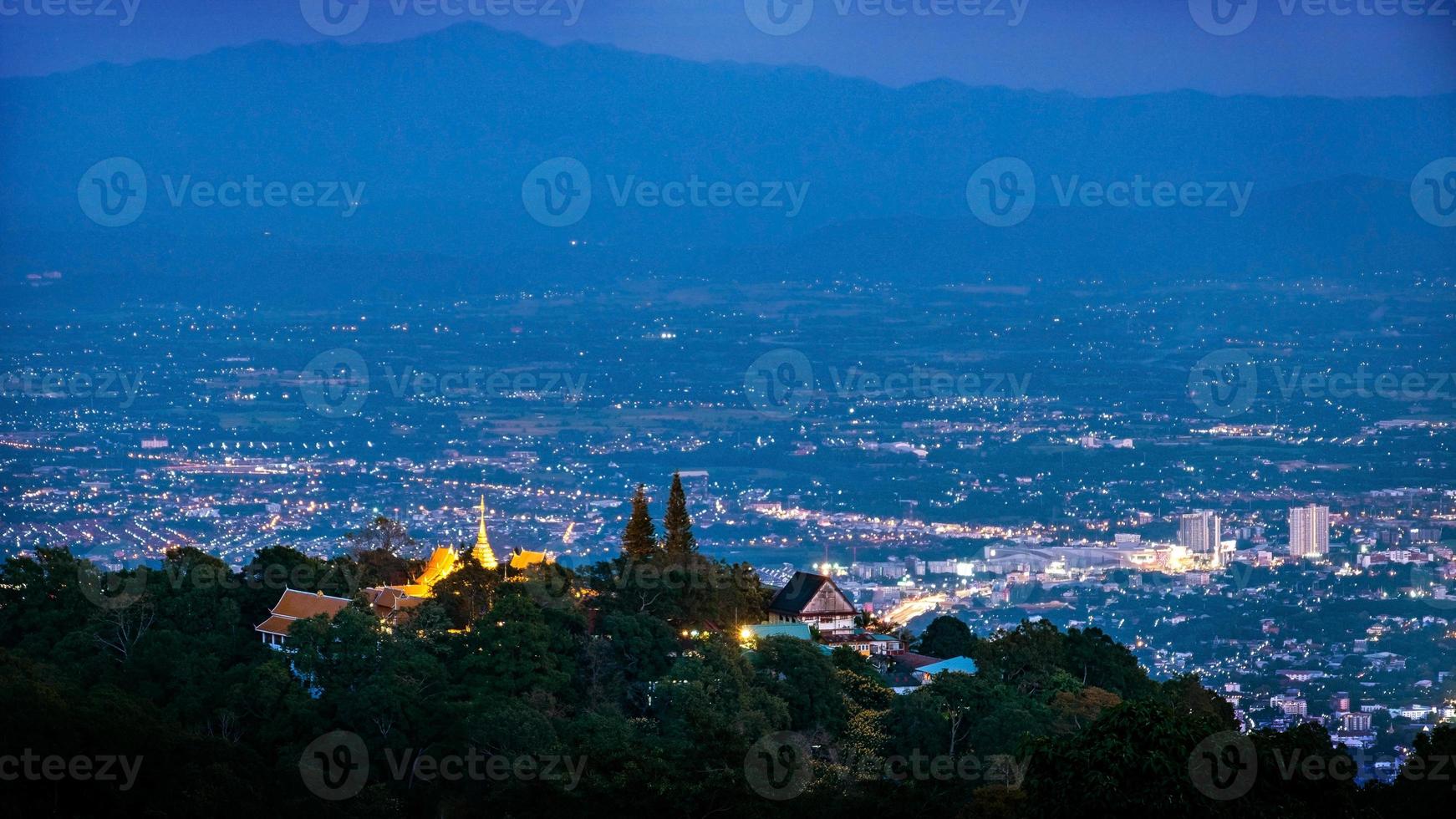 Aerial view of Wat Phra That Doi Suthep Temple in the evening photo