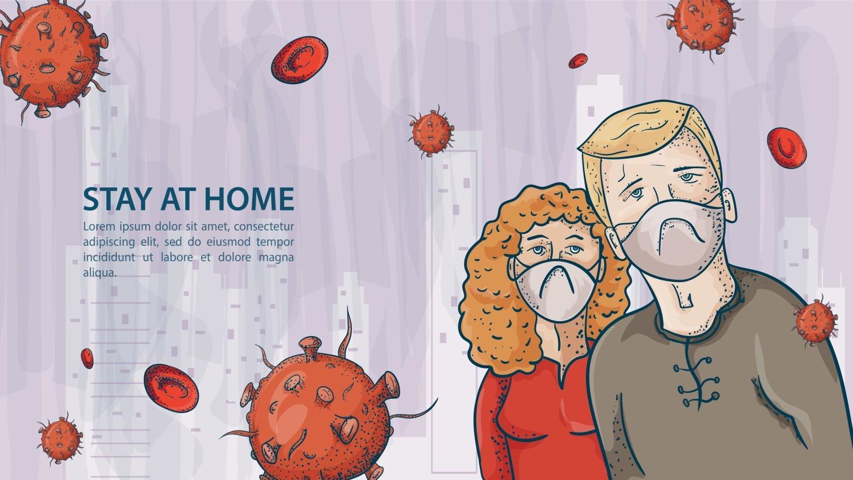 Two people a man and a woman in masks among covid molecules vector