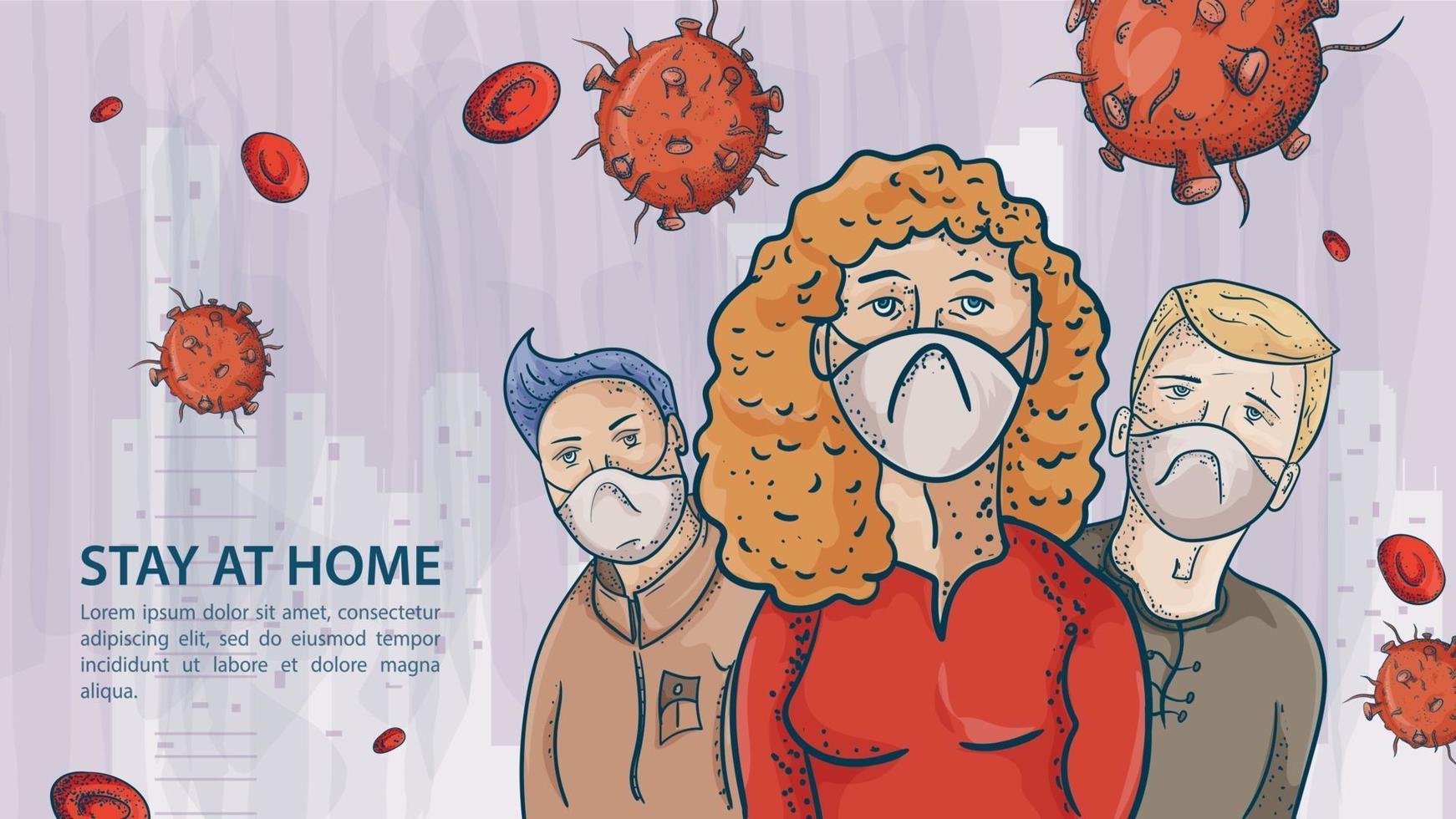 Three people wearing masks among the molecules of covid vector