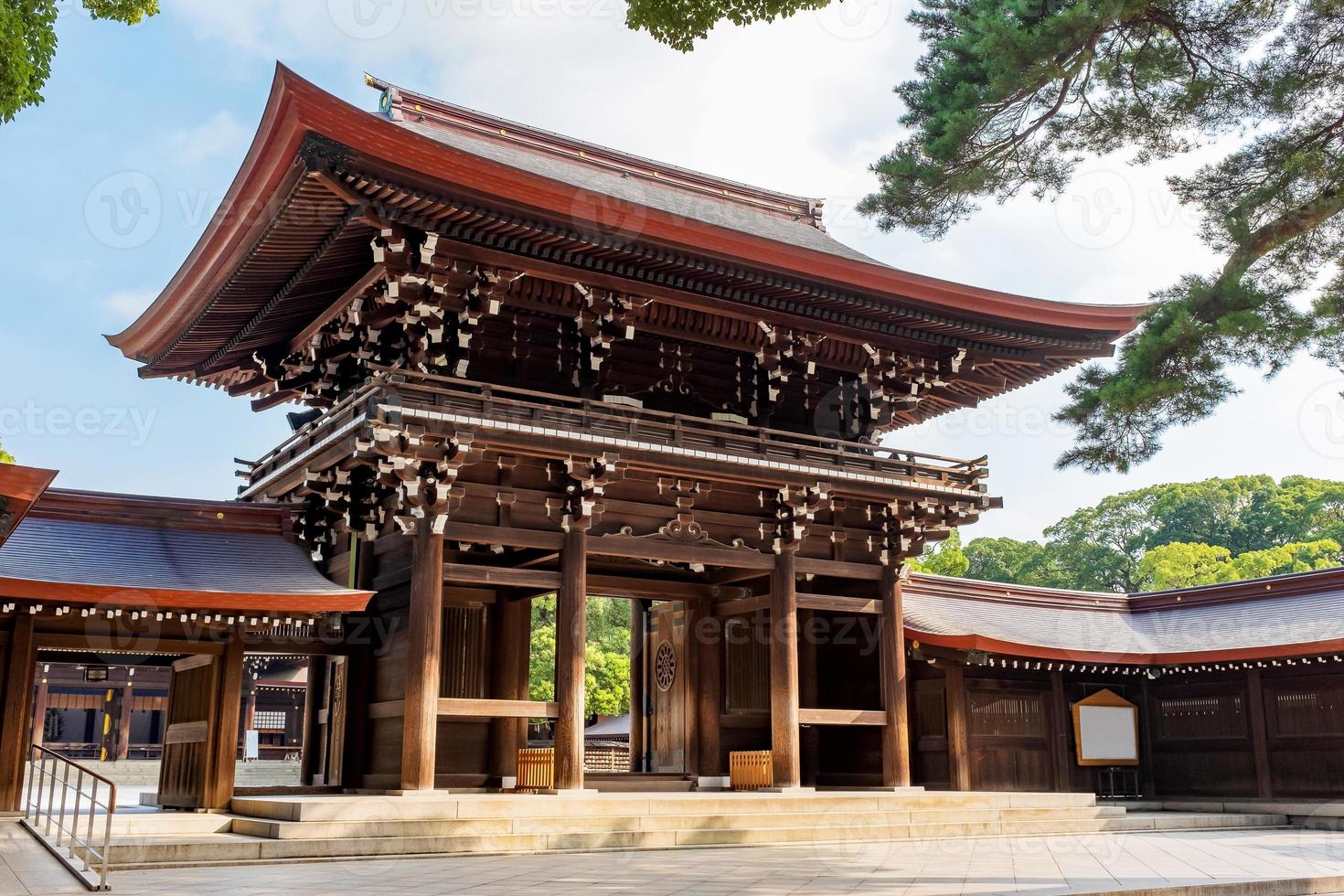 vista panorámica en la puerta de entrada en meji jingu o área del santuario meji en tokio, japón. foto