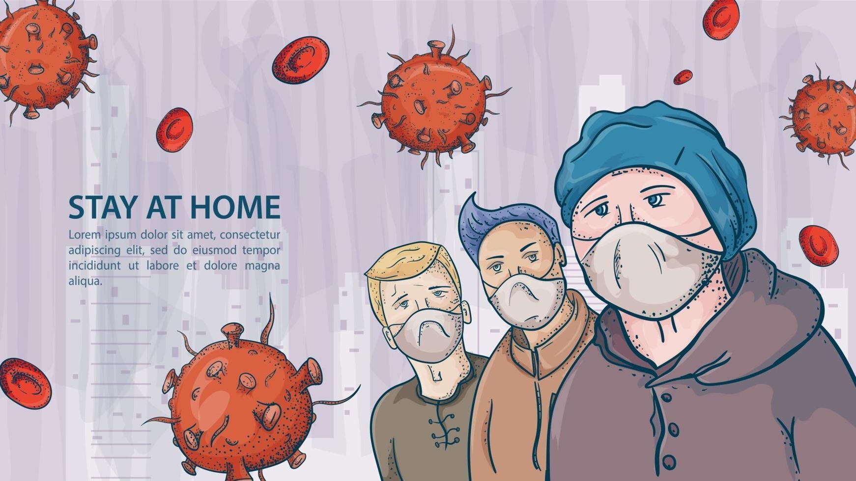 Three people in masks among covid coronavirus molecules vector