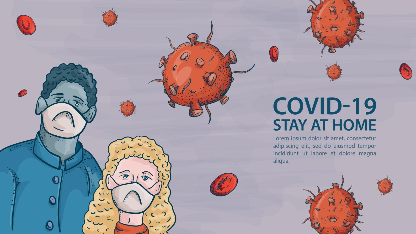 Two people in masks among the molecules of covid coronavirus vector