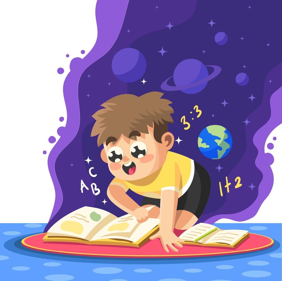 niño emocionado de estudiar de su libro vector