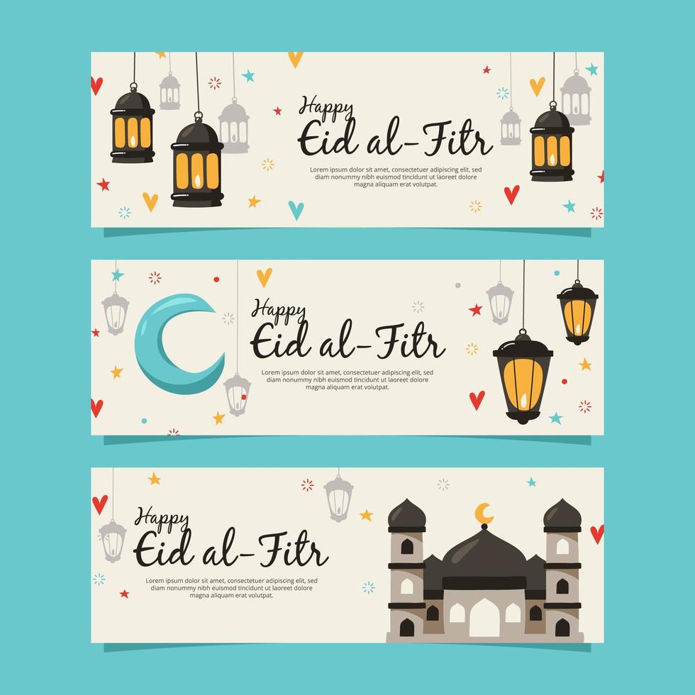 conjunto de banners de eid al-fitr dibujados a mano vector