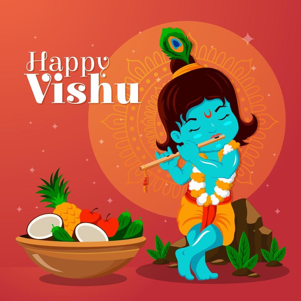 Flat Happy Vishu with Little Krishna vector