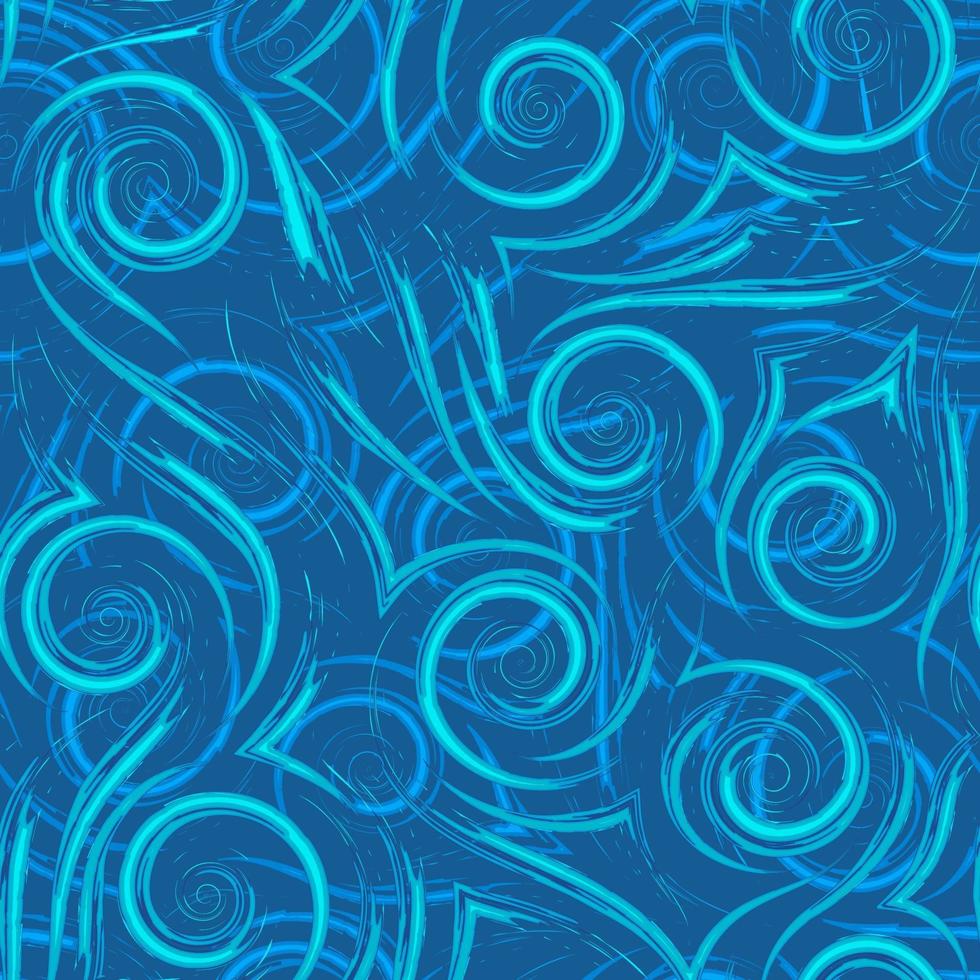 Vector seamless pattern of flowing brush strokes or waves in blue and turquoise. Smooth spiral stripes and corners bright texture for decoration of paper fabrics