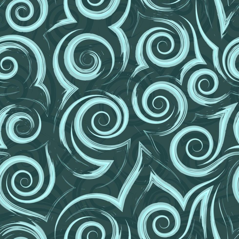 Seamless vector pattern of spirals, smooth lines and corners of turquoise color on a green background. Texture of waves and curls