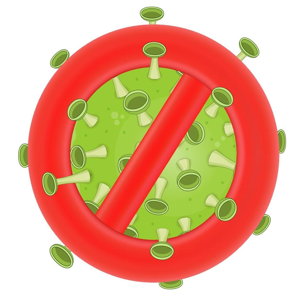 Vector Bright red stop sign closing green coronavirus symbol. Stop coronavirus isolated on white background.