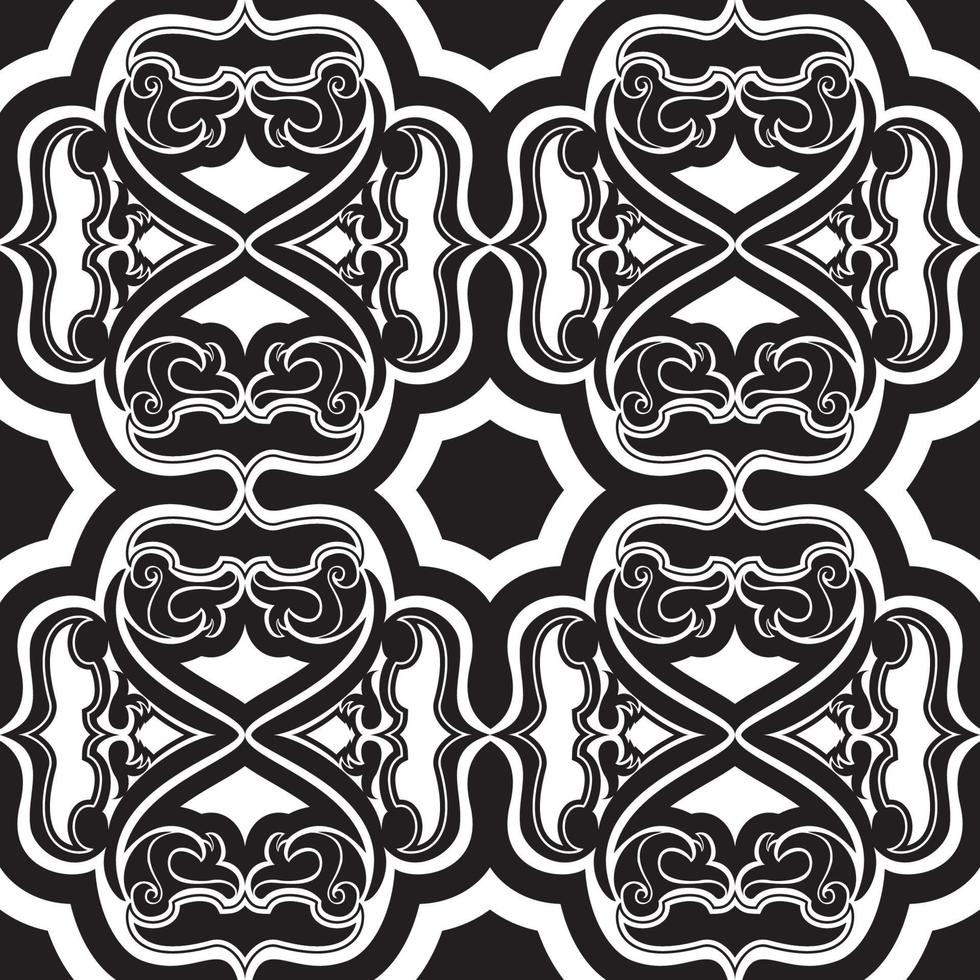 Vector seamless pattern of black geometric and floral elements on a white background.