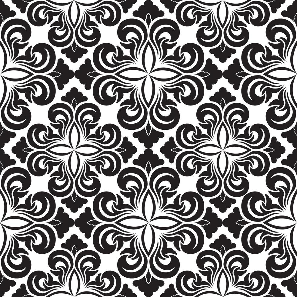Seamless vector decorative pattern of black floral elements in the form of a rhombus on a white background. Symmetric texture for decoration of fabrics or wrappers.