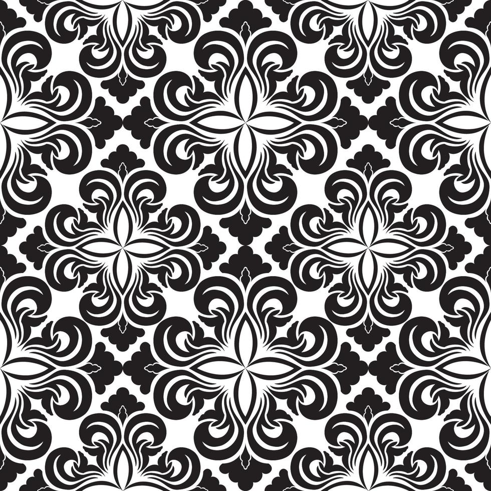 Seamless vector decorative pattern of black floral elements in the form of a rhombus on a white background. Symmetric texture for decoration of fabrics or wrappers.