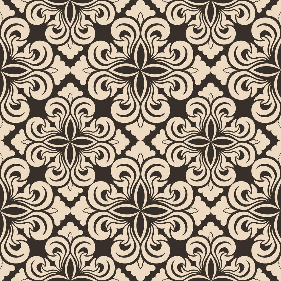 Seamless vector decorative pattern of beige floral elements in the form of a rhombus on a brown background. Symmetric texture for decoration of fabrics or wrappers