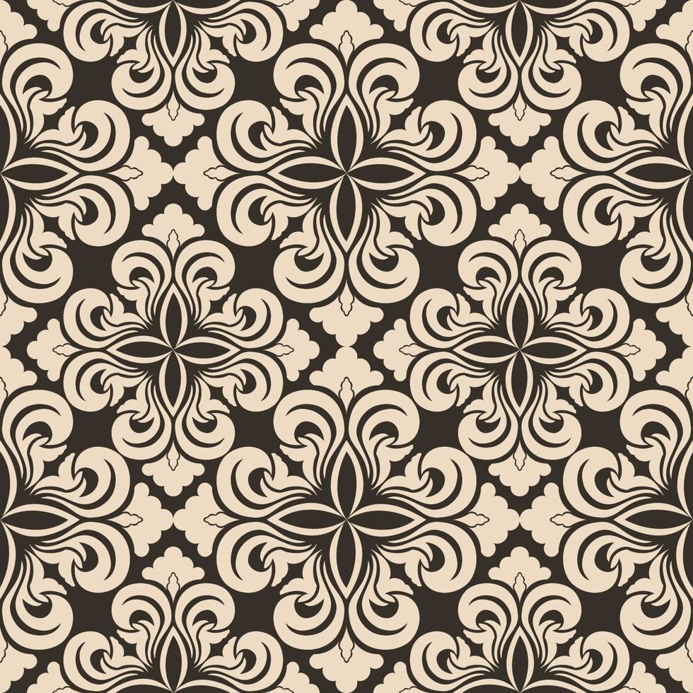 Seamless vector decorative pattern of beige floral elements in the form of a rhombus on a brown background. Symmetric texture for decoration of fabrics or wrappers