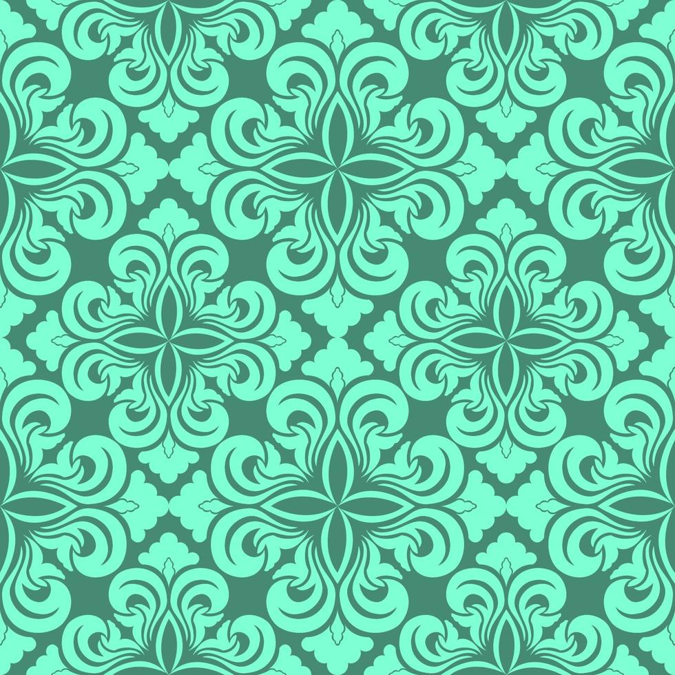 Seamless vector decorative pattern of Aqua Menthe color floral elements in the form of a rhombus on a turquoise background.