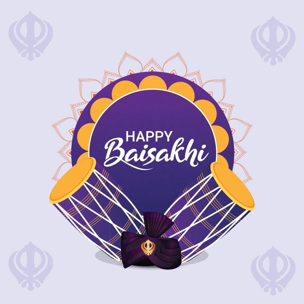 Ilustración púrpura de feliz vaisakhi con pujabi pagdi y dhol vector