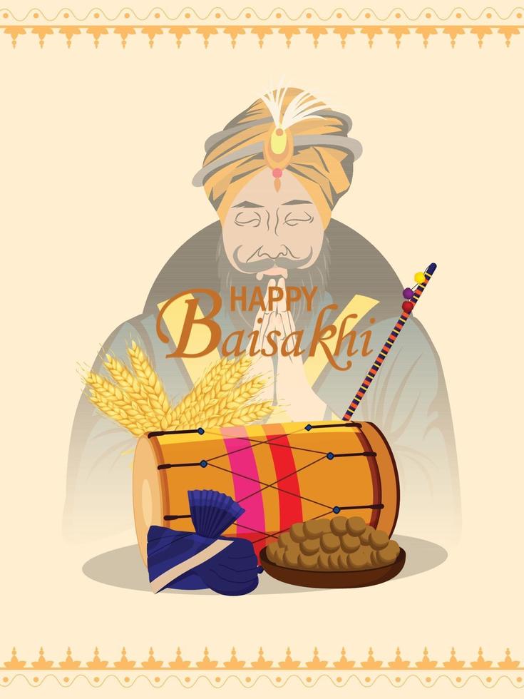Creative illustration of happy vaisakhi with creative dhol and wheat vector